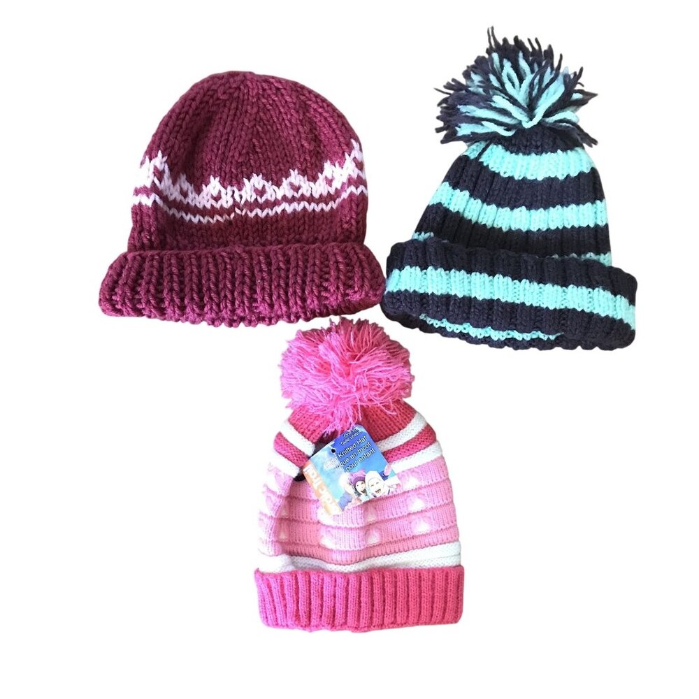 Set Of 3 Kids Winter Knit Beanie Hats With Pom-Pom